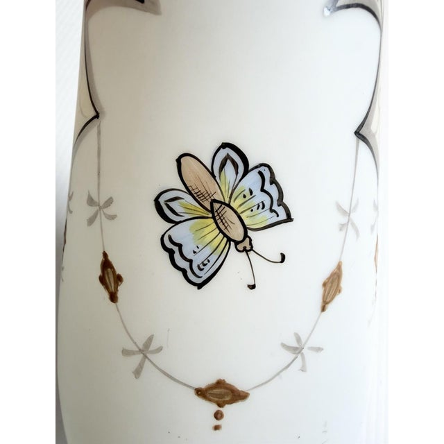 Matching Pair of Antique Bristol Glass Vases With Hand Painted Flowers & Butterflies For Sale In Cleveland - Image 6 of 17
