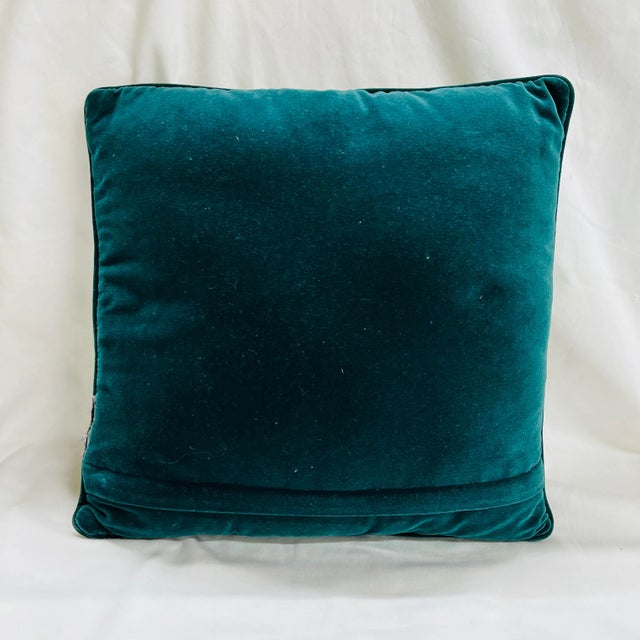 Vintage strawberry pattern pillow. Green velvet back with zipper closure Measures 14” x 14” square.