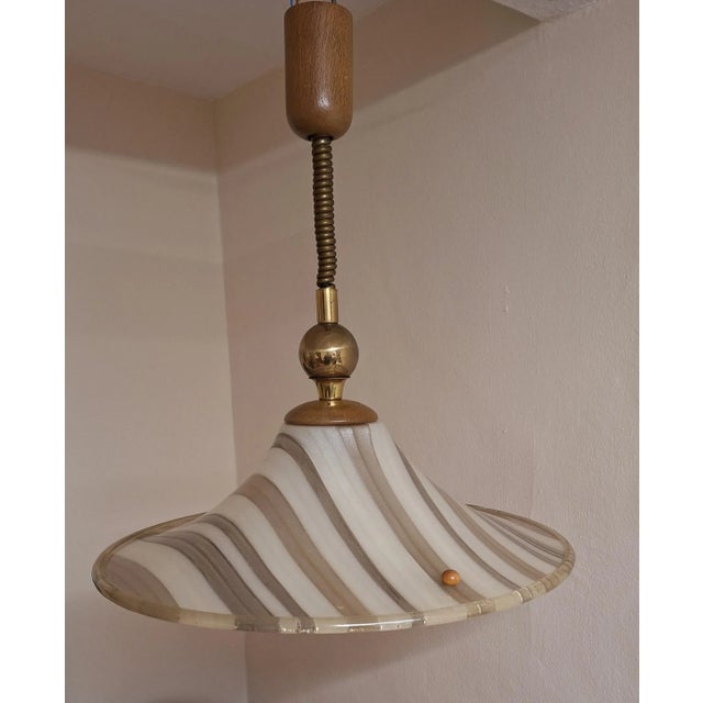 Vintage 19th Century German Ceiling Lamp with a Patterned Plastic Shade with a Brass and Oak Mount from Asmuth-Leuchten, 1990s For Sale - Image 4 of 8