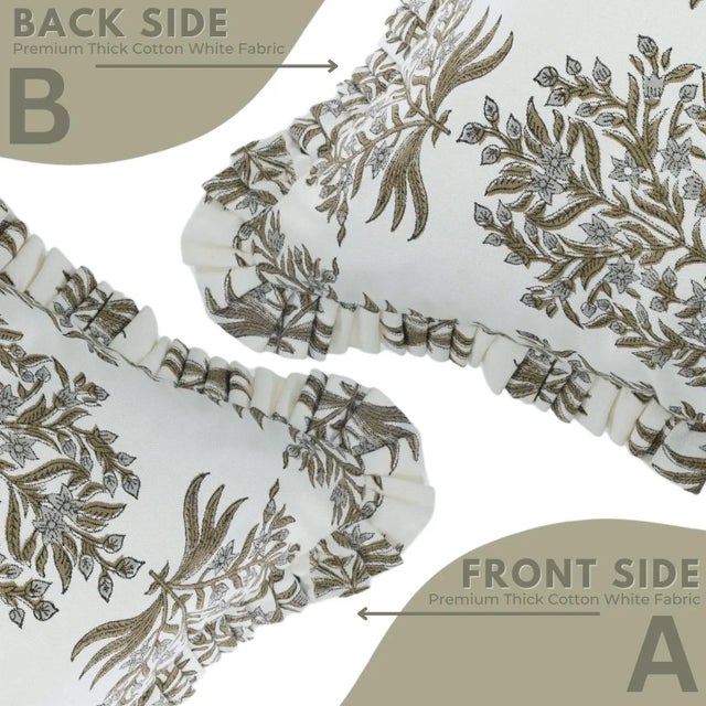 Not Yet Made - Made To Order Fabdivine Elegant Block Printed Frill Cushion Cover 14x36 Inch Thick Cotton White- Vrindavan For Sale - Image 5 of 5