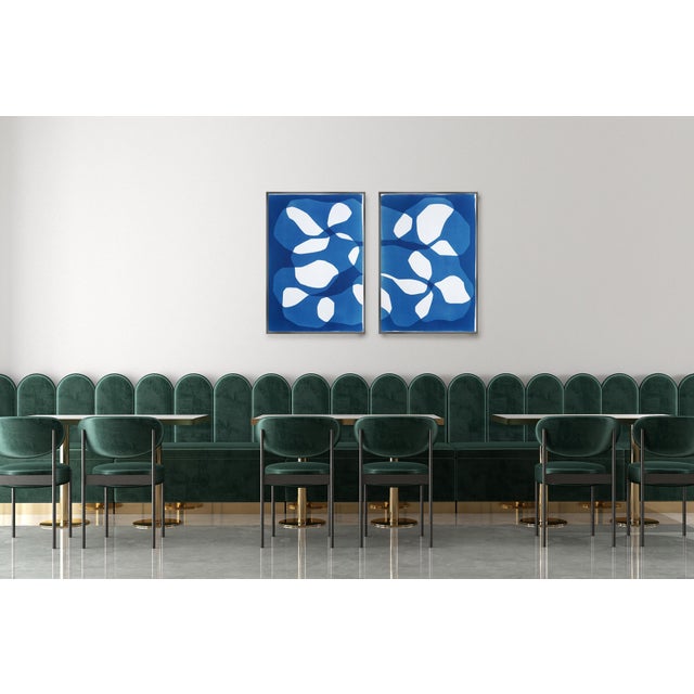 2025, Abstract Geometric Diptych in White and Blue of Asteroid Belt, Handmade Unique Monotype Cyanotype on Watercolor Paper For Sale In Miami - Image 6 of 9