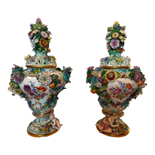 Late 19th Century Pair of Monumental Meissen Porcelain Flower-Encrusted Covered Vases With Figural Bases For Sale