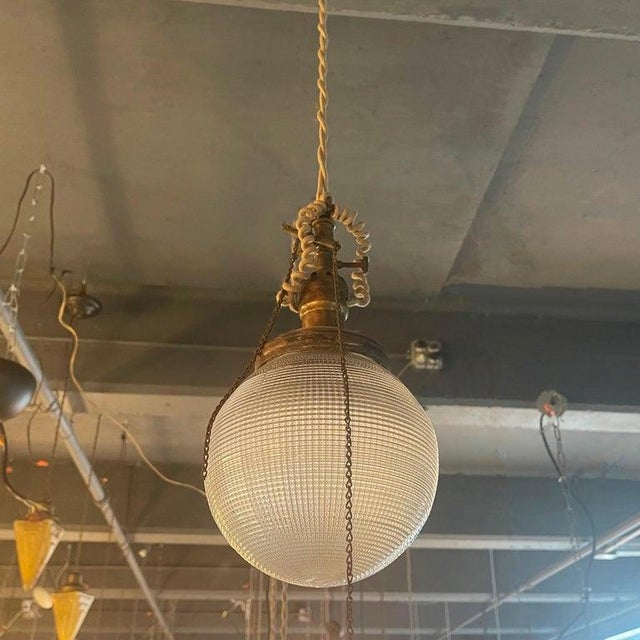 Industrial Early 20th Century Industrial Prismatic Holophane Glass Globe Pendant For Sale - Image 3 of 8