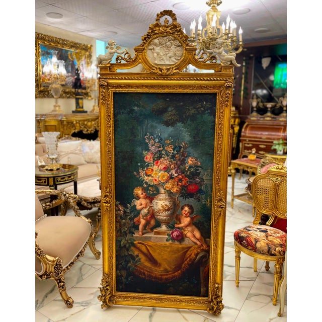 Rococo French Rococo Floral Panel – Ornate Gold Leaf Frame With Cherub & Garden Scene For Sale - Image 3 of 3