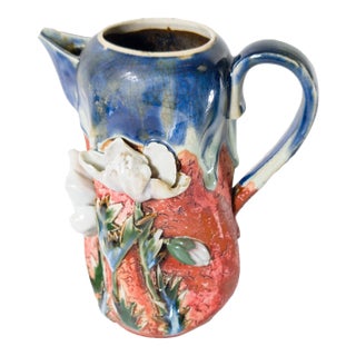 19th Century Japanese Sumida Gawa Ban-Ni Pottery Pitcher With Flowers For Sale