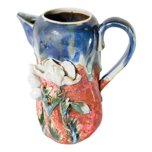 19th Century Japanese Sumida Gawa Ban-Ni Pottery Pitcher With Flowers