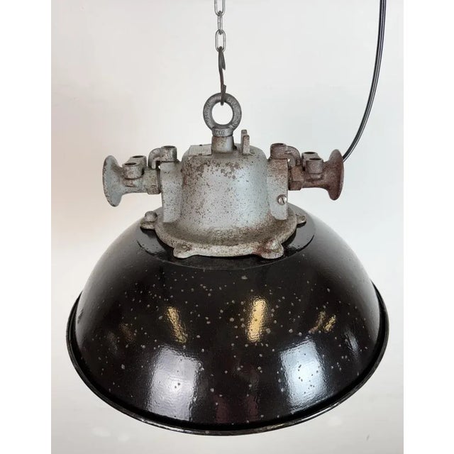 Black Industrial Black Enamel and Cast Iron Cage Pendant Light from Elektrosvit, 1960s For Sale - Image 8 of 17