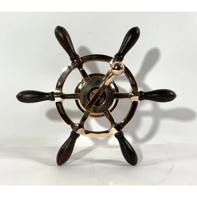 Rare late 19th century Launch steering wheel with gear lever. Six spoke with wood handles. Highly polished. Tip to tip...