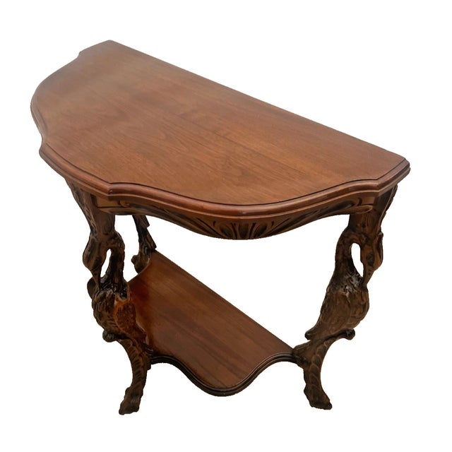 Figurative Vintage Demilune Console Half Moon Table, Walnut Top, Bottom Shelf, Carved Swan For Sale - Image 3 of 12