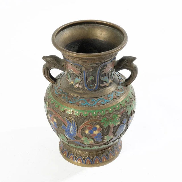 Japanese Champleve bronze enamel vase features a stylized pattern of beautiful etched work.