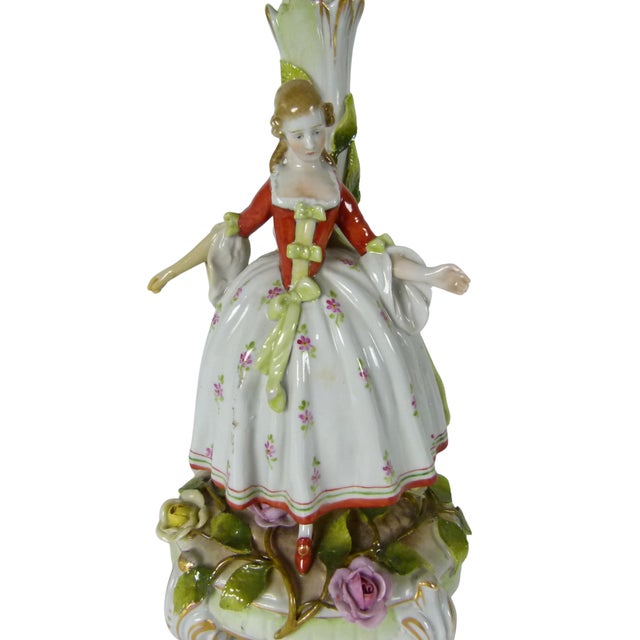 Antique Von Schierholz German Porcelain Courtly Lady Figural Candlestick With Applied Roses and Leaves . Dresden Style For Sale In Atlanta - Image 6 of 16