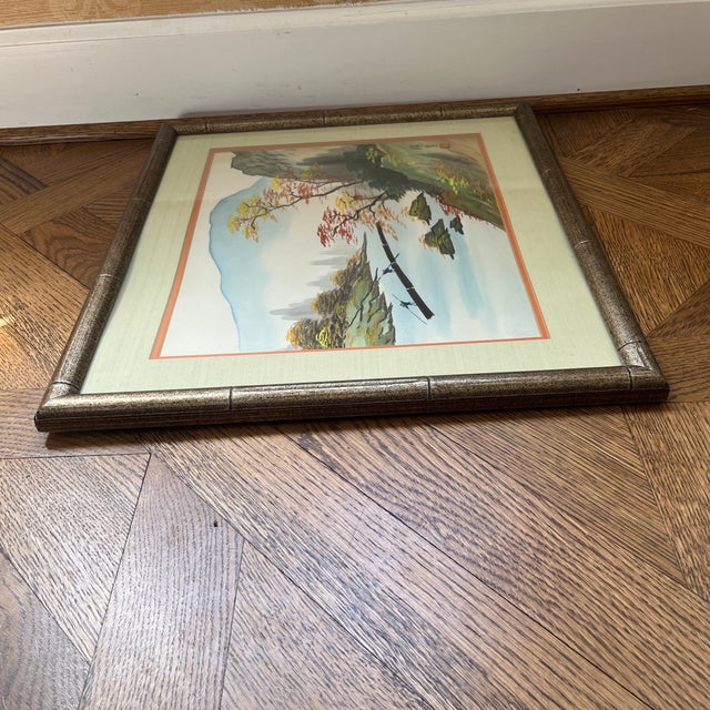 Mid 20th Century Original Japanese Watercolor Signed/Artist Certified Faux Bamboo Frame For Sale - Image 9 of 10