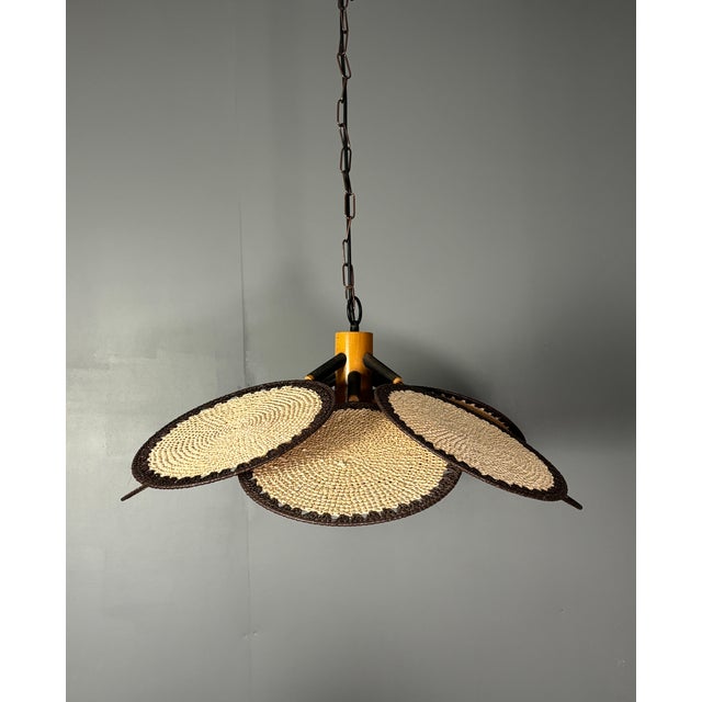 1970s Mid-Century Rattan Fan Pendant Lamp in the style of Ingo Maurer, 1970s For Sale - Image 5 of 18