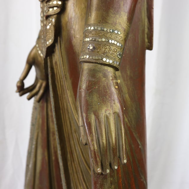 20th Century Thai Burmese Mandalay Style Standing Wooden Buddha Statue on Black Base For Sale - Image 10 of 11
