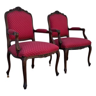 Vintage French Louis XV Style Armchairs | Pair Vintage Accent Chairs | Upholstered Bergere Chairs | Carved Wood Living Room Seating For Sale
