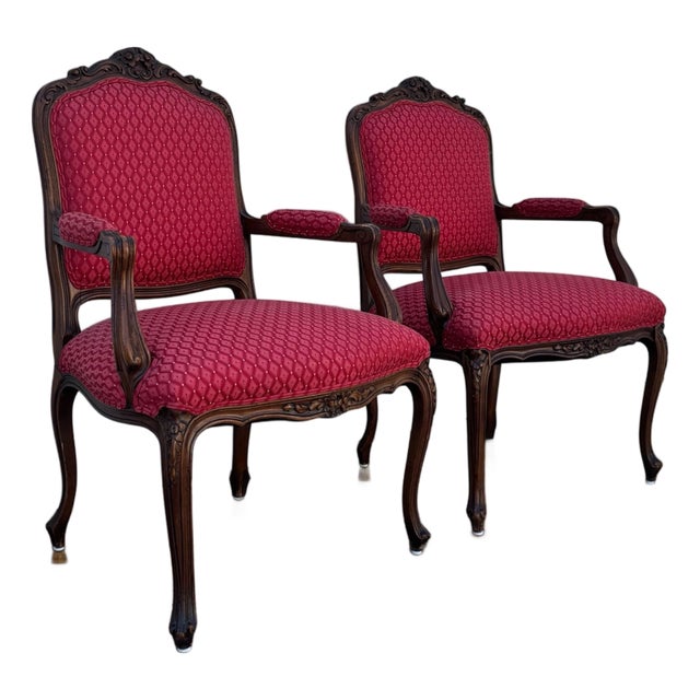 Vintage French Louis XV Style Armchairs | Pair Vintage Accent Chairs | Upholstered Bergere Chairs | Carved Wood Living Room Seating For Sale