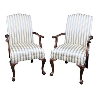 Ethan Allen Chippendale Style Stripped Upholstered Arm Chairs For Sale