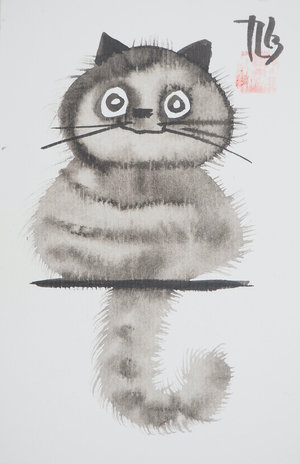 Laszlo Tibay, Chaton rêveur, Ink & Wash Drawing