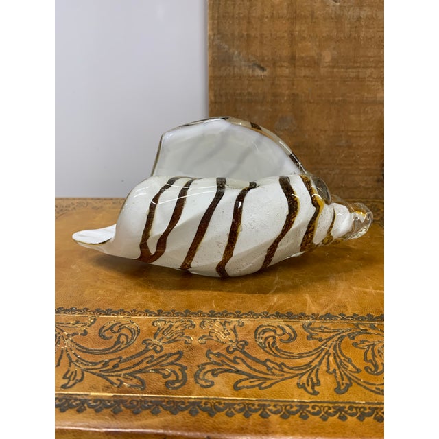 1970’s Murano Style White Glass Sea Shell with Amber, Brown & Gold Stripes