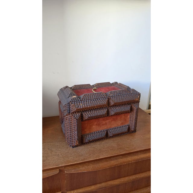 Antique Tramp Art Wooden Box, Hand Carved Folk Art Chest, Chip Carved Jewelry Box, Rustic Primitive Storage, Collectible Decor For Sale - Image 4 of 17
