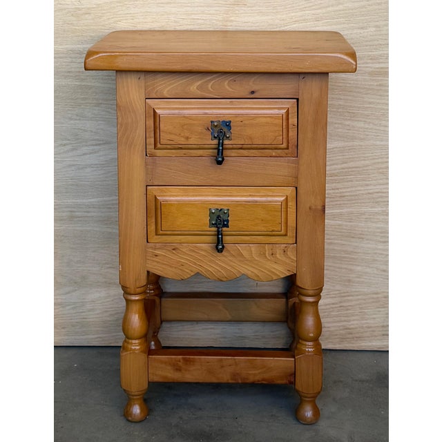 Mid 20th Century Pair of Spanish Honey Tone Narrow Nightstands with two drawers For Sale - Image 10 of 18