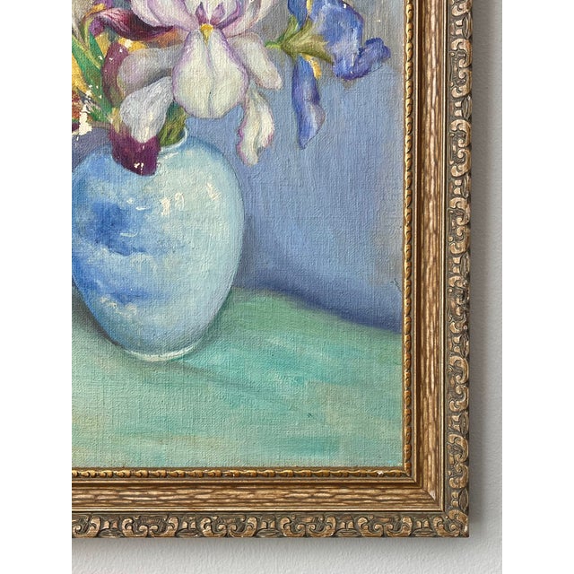Early 20th Century Oil Painting Colorful Still Life of Irises in a Blue Vase For Sale In New York - Image 6 of 15