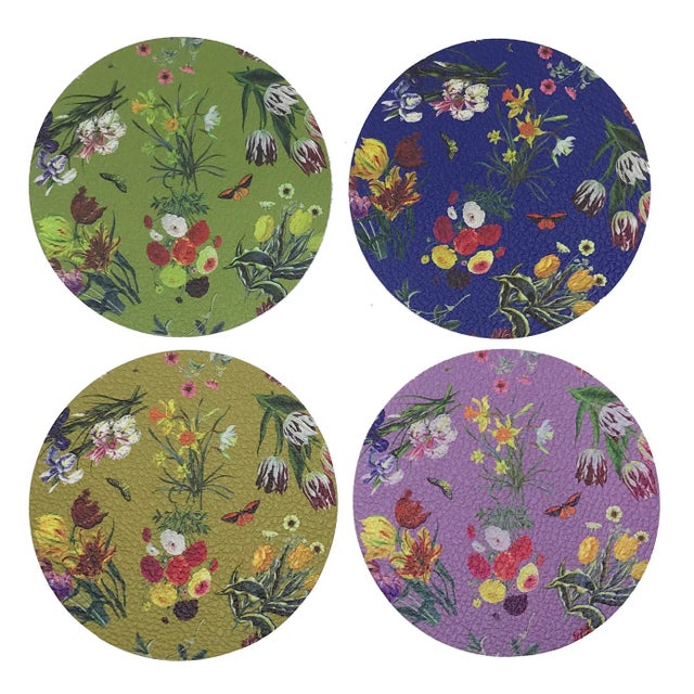 Our pebbled vinyl leather placemats have patterns on the front and off-white on the back. This piece can be used indoors...