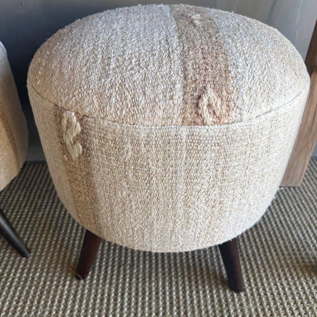 Pair of Off white, natural, greige Vintage Turkish Rug Ottomans For Sale In Los Angeles - Image 6 of 11
