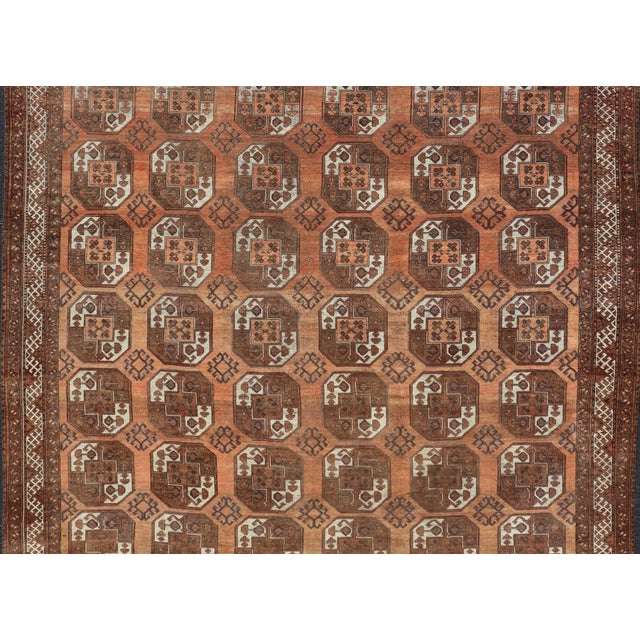 Tribal Antique Turkomen Ersari Rug With Gul Design in Orange, Brown 9'7 X 12'10 For Sale - Image 3 of 16
