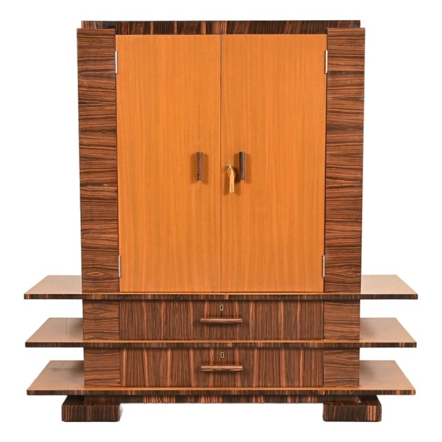 Donald Deskey Style Art Deco Macassar Ebony and Mahogany Armoire Dresser, Circa 1930s For Sale