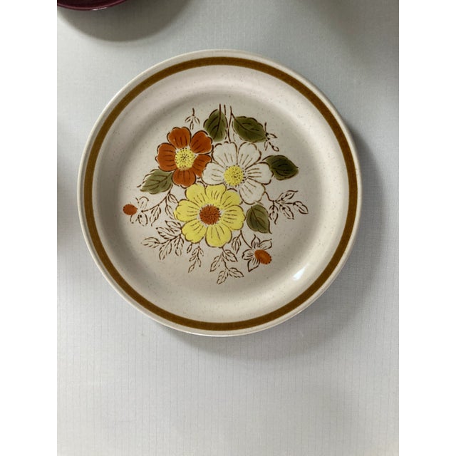 Midcentury stoneware 4 pieces set includes (Floral Coffee or Tea cup, Purple Dessert or Bread Plate , Salad plate and...