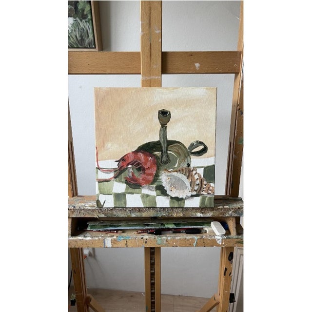 A painting depicting bottles and a shell by Australian painter Vynka Hallam. Signed by Maker