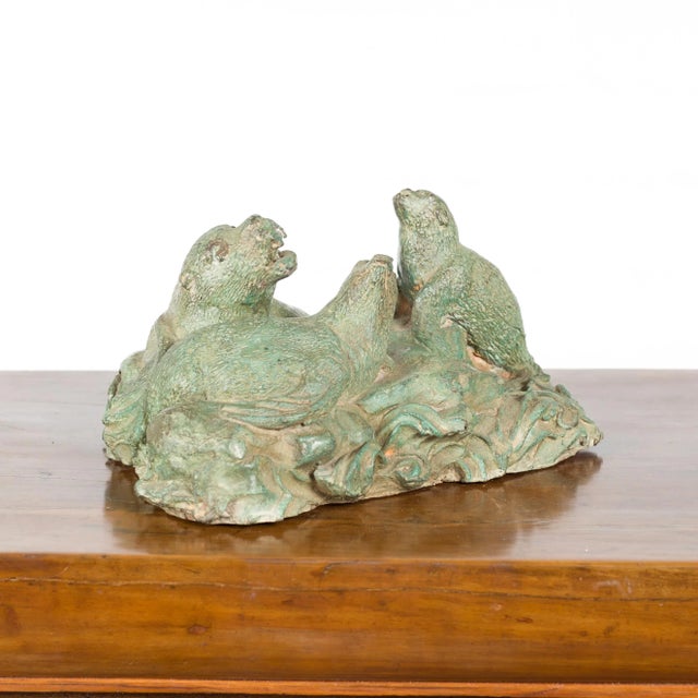 Bronze Contemporary Lost Wax Cast Bronze Sea Lion Sculpted Group with Verde Patina For Sale - Image 8 of 12