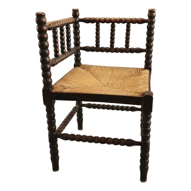 Antique Bobbin Corner Chair, Rush Seat Chair, Spanish Colonial Style, Woven Seat Armchair, Primitive Wooden Chair For Sale