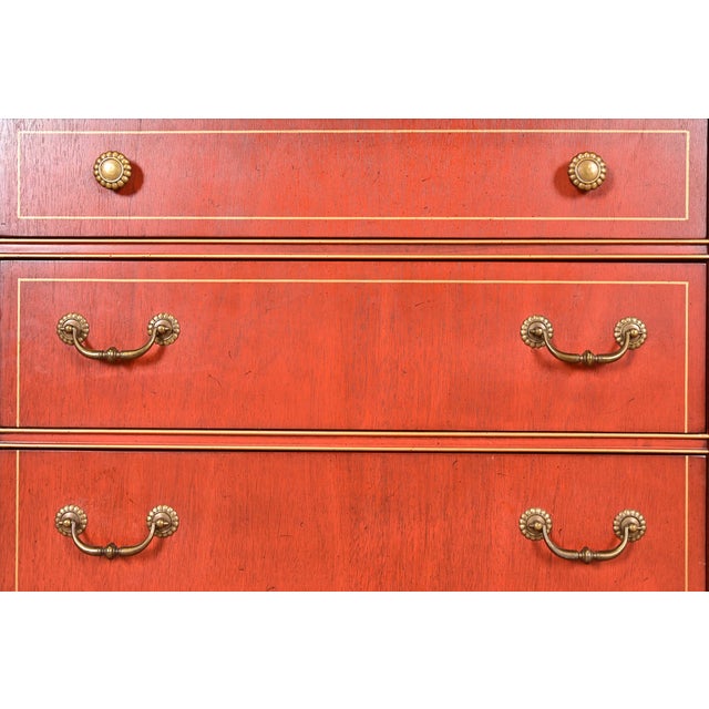 Wood Georgian Red Lacquered Lighted Breakfront Bookcase Cabinet With Drop Front Secretary Desk by Jasper Cabinet Co. For Sale - Image 7 of 14