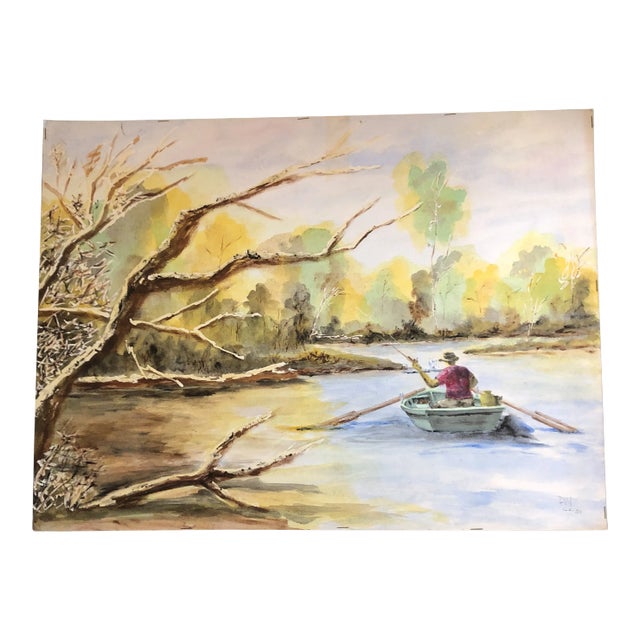 Original Vintage Watercolor Man in Stream Fishing in Boat 1980’s For Sale