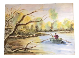 Original Vintage Watercolor Man in Stream Fishing in Boat 1980’s