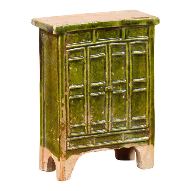 Early 21st Century Chinese Ming Dynasty Period Green Glazed Miniature Armoire with Bracket Feet For Sale