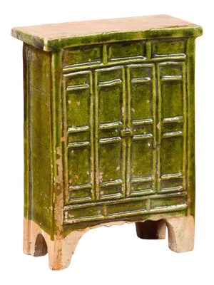 Early 21st Century Chinese Ming Dynasty Period Green Glazed Miniature Armoire with Bracket Feet