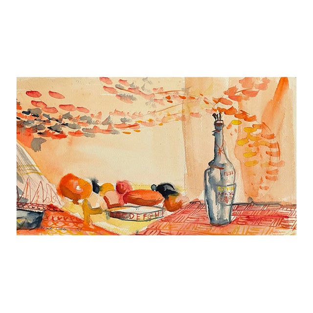 1953 Robert Colborne Fruit and Wine Bottle Still Life Painting For Sale