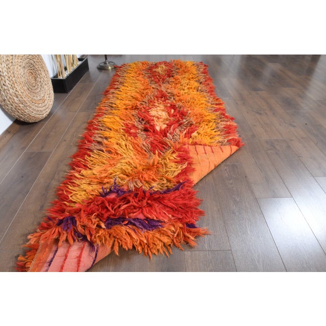1970s Vintage Handmade Wool Cotton Orange Red High Pile Runner Rug For Sale - Image 9 of 11