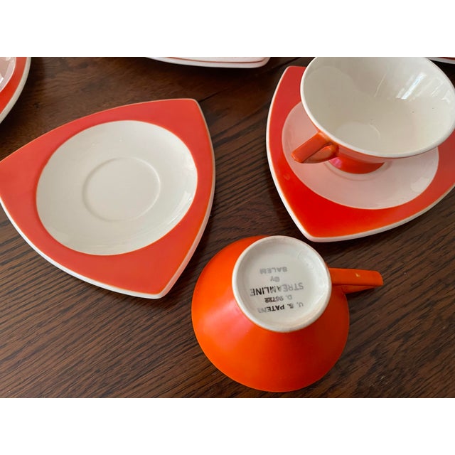 1920s Art Deco Salem Tricorne Streamline Mandarin Orange Dinnerware Place Setting for 4 - 28 Piece For Sale In New Orleans - Image 6 of 12