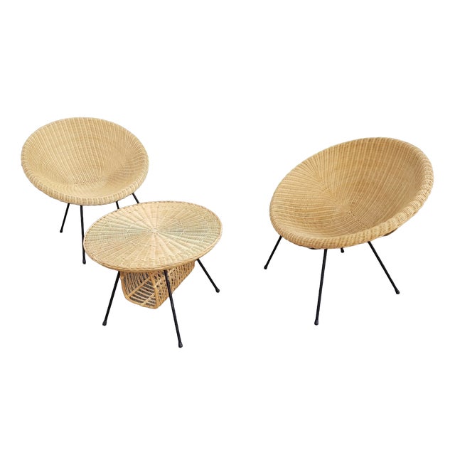 Mid-Century Modern Italian Garden Wicker Table and Chairs, Set of 3 For Sale