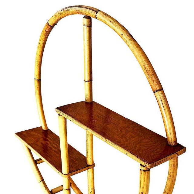 Wood Restored Mid-Century Circular Rattan & Slat Mahogany "Skeleton" Wall Shelf For Sale - Image 7 of 9