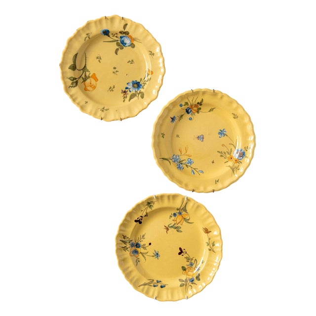 Marseille Faience Yellow Floral Plates, 1760, Set of 3 For Sale