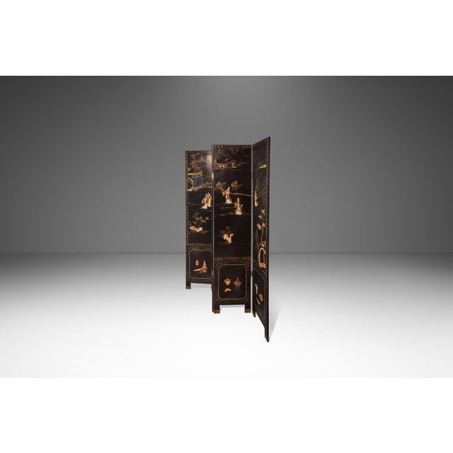 Mid-Century Modern Antique Chinese Black Lacquered Four Panel Folding Screen Room Divider With Carved Hardstone, China, Circa 1950s For Sale - Image 3 of 18