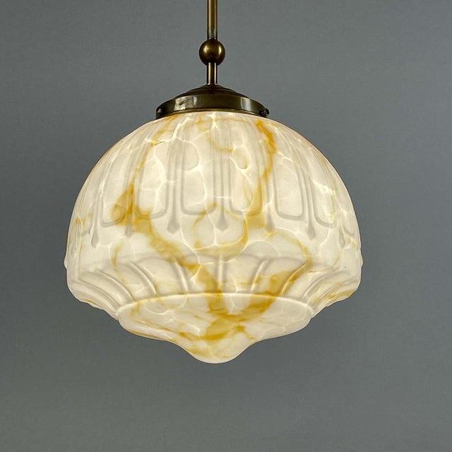 1930s Art Deco Marbled Opaline Glass and Brass Pendant Light, Germany, 1930s For Sale - Image 5 of 18