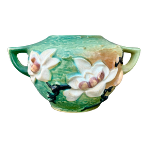 Vintage 1940s Roseville Pottery Magnolia Floral Relief Two-Handled Bowl, Green Art Pottery
