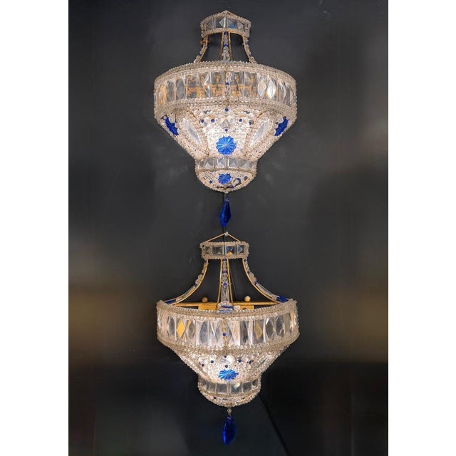 1930s Empire Style Wall Sconces in Cut Glass and Cobalt Blue Glass, 1930s, Set of 2 For Sale - Image 5 of 5