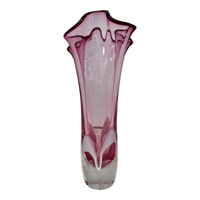 Mid 20th Century Hand-Blown Pink Art Handkerchief Glass Vase by Adam Jablonski - Signed For Sale